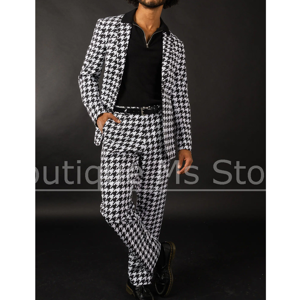 Men Formal Wear Fashion - Black White Houndstooth Men's Suit Slim