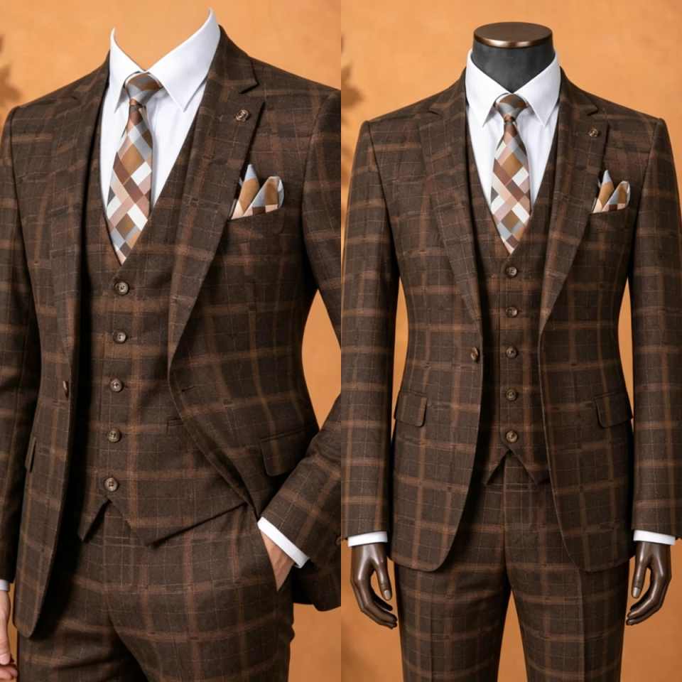 Elegant Brown Plaid Men 3 Piec - огляд і ціна Men'S Formal Wear No Suit